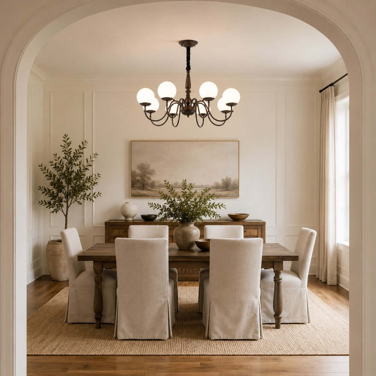 Looking through an arched doorway, a Clérachic chandelier with white globes hangs above a dining table with slip-covered chairs.