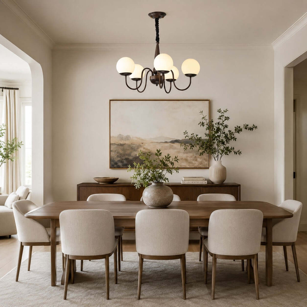 A Clérachic chandelier hung above a long walnut dining table with cream chairs and a large framed landscape on the wall.