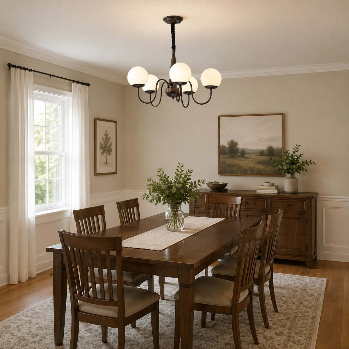 A Clérachic globe chandelier above a dining table with slatted wooden chairs and a table runner, beside a tall window with sheer curtains.