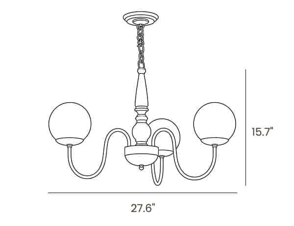 Dimension drawing of this three-light Clérachic chandelier, with its height and width marked.