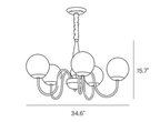 Dimension drawing of this five-light Clérachic chandelier, with its height and width marked.