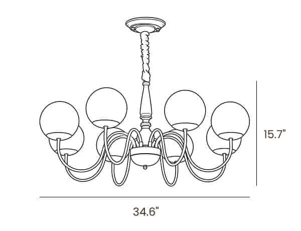 Dimension drawing of this eight-light Clérachic chandelier, with its height and width marked.
