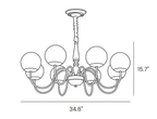Dimension drawing of this eight-light Clérachic chandelier, with its height and width marked.