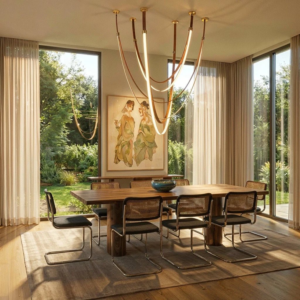 Clérachic leather chandelier centred over a dining table, its leather loops glowing above cane-back chairs.