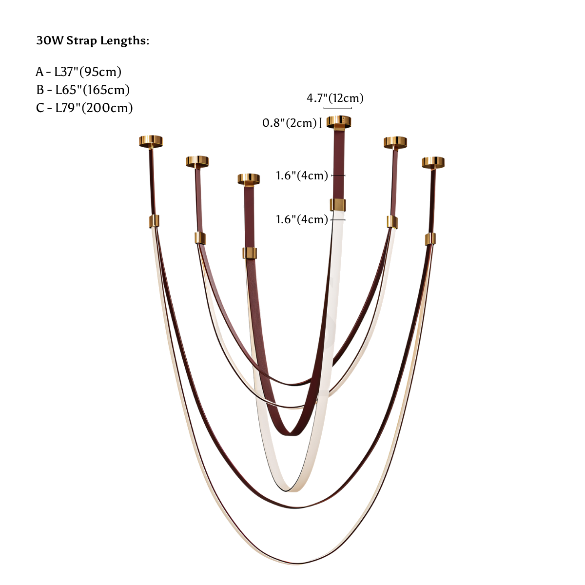 Clérachic chandelier dimension drawing, 1 of 4, every measurement marked in centimetres and inches.
