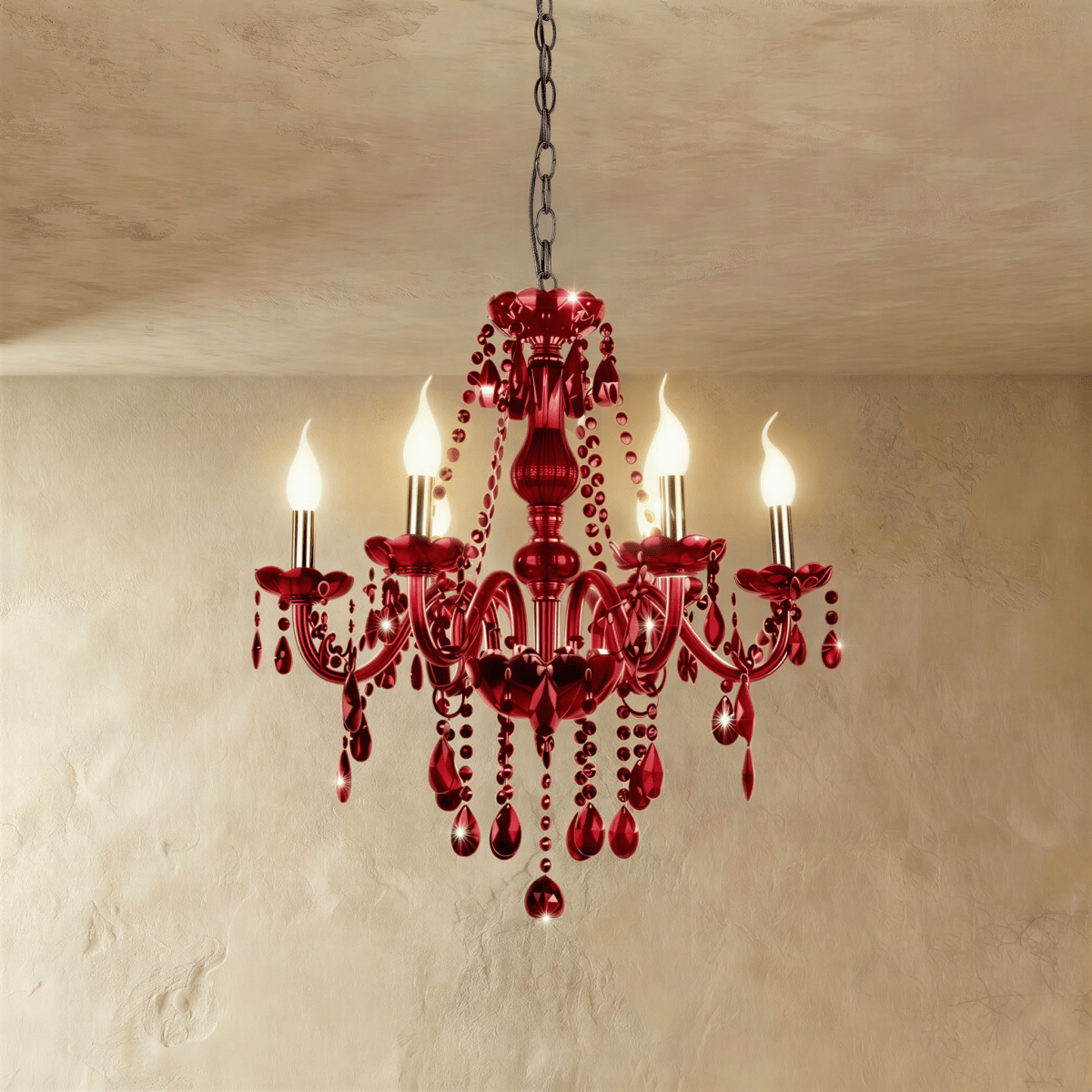 Clérachic deep red crystal chandelier with six candle-style lights, curved arms and faceted drops, hung on a chain.