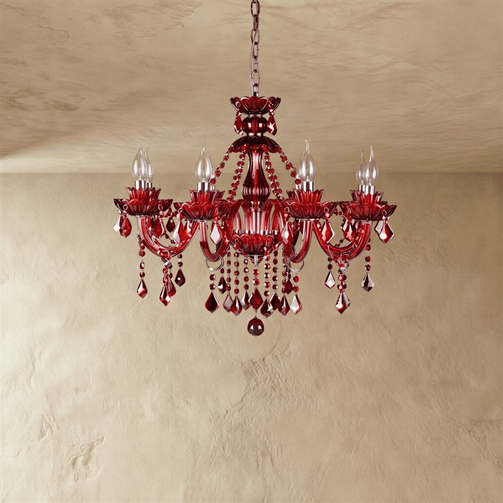 Clérachic red crystal chandelier with eight candle-style lights, sculpted floral cups and teardrop crystals on limewash.
