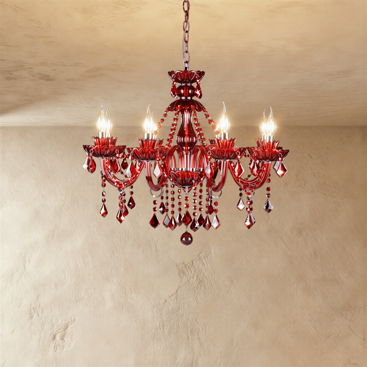 Clérachic eight-light red crystal chandelier lit with warm flame-tip bulbs, its faceted red drops hanging below the arms.
