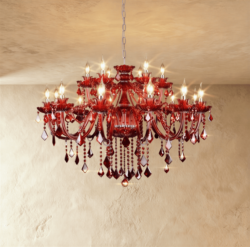 Clérachic eighteen-light red crystal chandelier glowing with candle-style bulbs, two tiers of arms and long faceted drops.