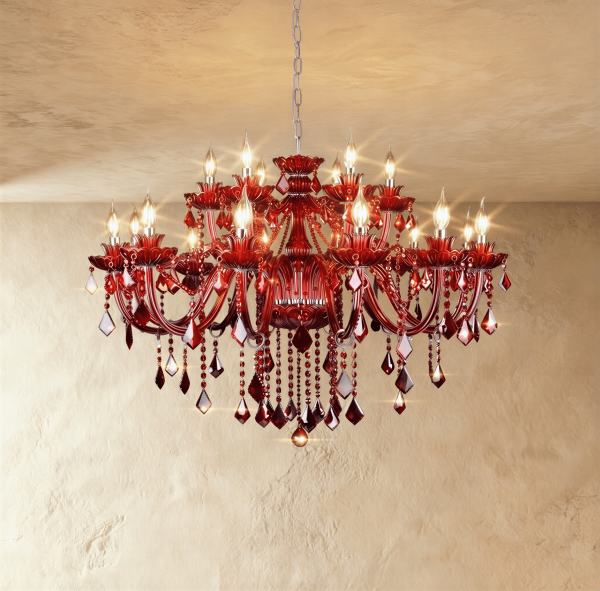 Clérachic eighteen-light red crystal chandelier glowing with candle-style bulbs, two tiers of arms and long faceted drops.
