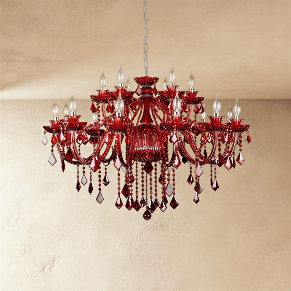 Clérachic large red crystal chandelier with two tiers of curved arms, floral cups and clear and red faceted drops.