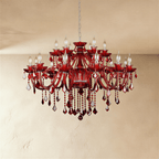 Clérachic large red crystal chandelier with two tiers of curved arms, floral cups and clear and red faceted drops.