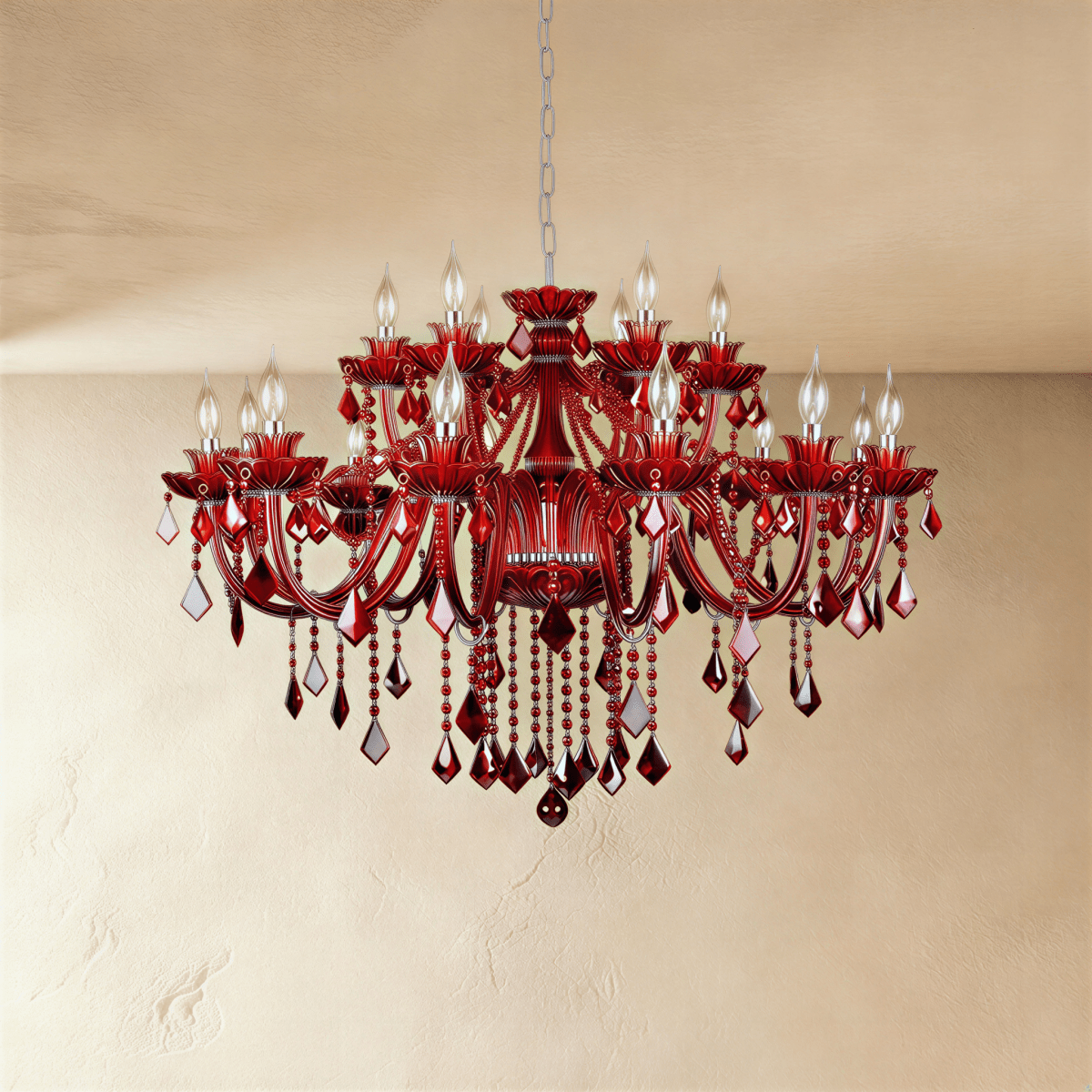 Clérachic large red crystal chandelier with two tiers of curved arms, floral cups and clear and red faceted drops.