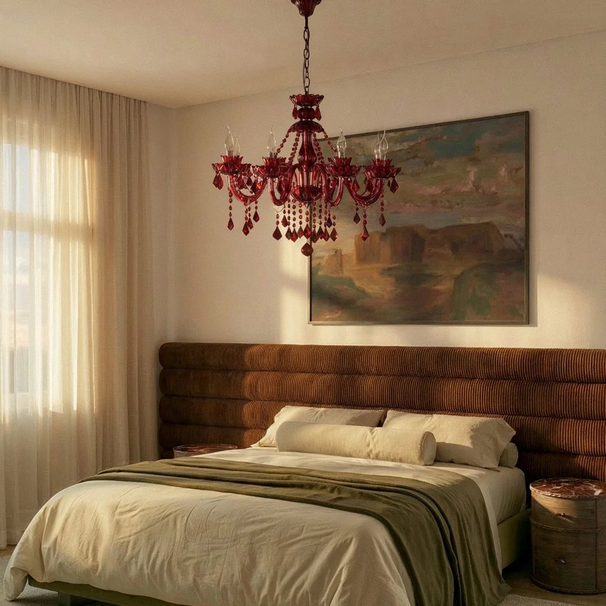 Clérachic red crystal chandelier hanging in a bedroom with a corduroy headboard, a landscape painting and sheer curtains.