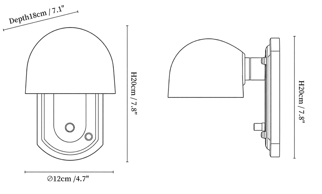 Clérachic wall light dimension drawing, every measurement marked in centimetres and inches.