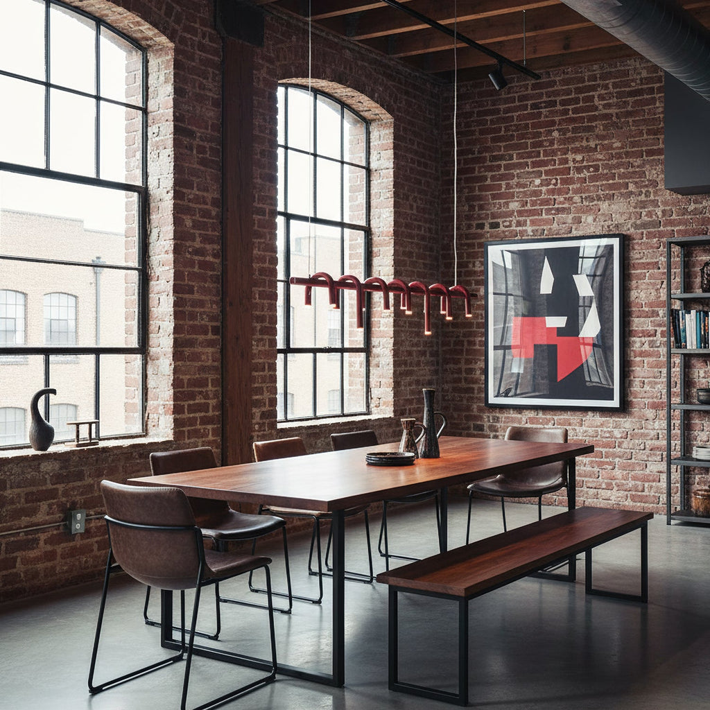 This Clérachic chandelier hangs in a brick room beside arched windows, above a long walnut dining table and a bench.