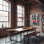 This Clérachic chandelier hangs in a brick room beside arched windows, above a long walnut dining table and a bench.