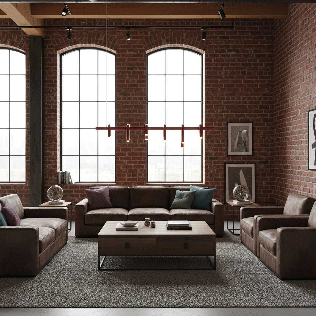 A slim row of red heads from a linear Clérachic chandelier, hung between arched windows above a leather seating area.