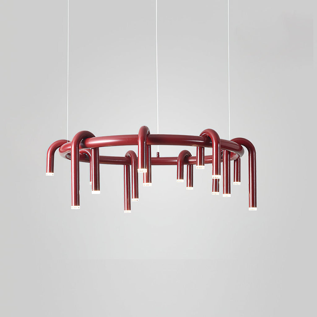 A red Clérachic ring chandelier shown on a light grey backdrop, with arched heads all around the frame.