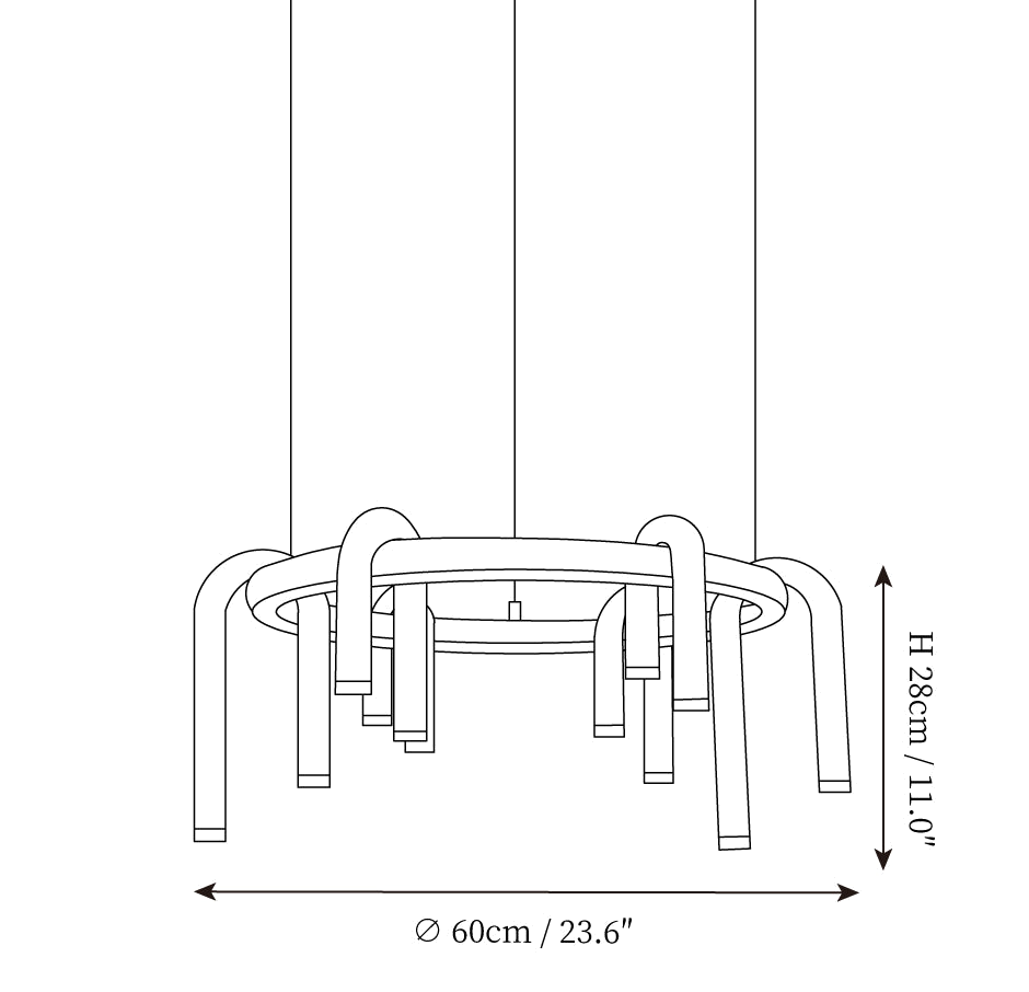 Clérachic pendant light dimension drawing, 1 of 3, every measurement marked in centimetres and inches.