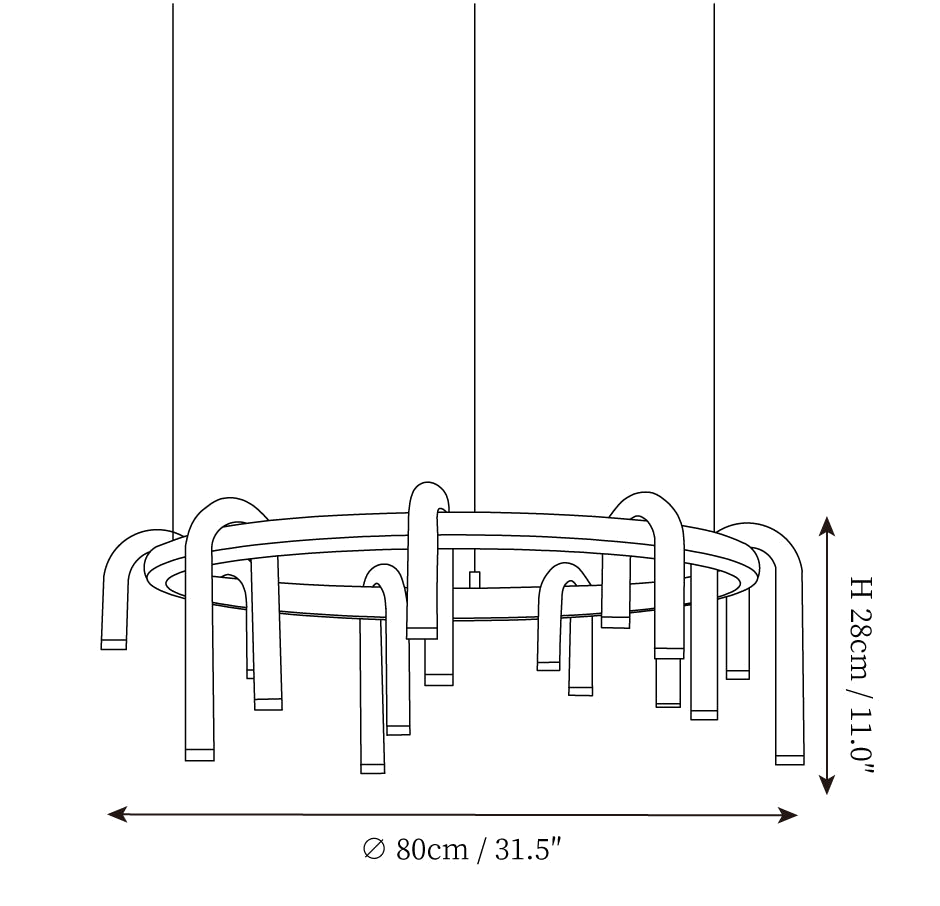 Clérachic pendant light dimension drawing, 2 of 3, every measurement marked in centimetres and inches.