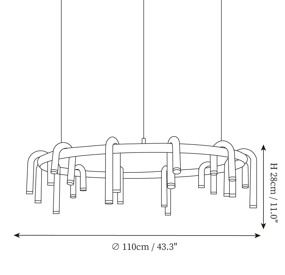 Clérachic pendant light dimension drawing, 3 of 3, every measurement marked in centimetres and inches.