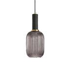 Tall smoke grey reeded glass shade from Clérachic with a black fitting, shown against a plain white backdrop.