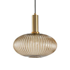 Flat, wide amber reeded glass shade from Clérachic on a gold stem, shown against a plain white backdrop.