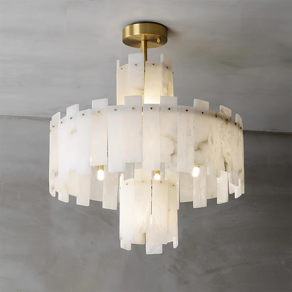 Clérachic Regina chandelier, tiered alabaster fins stepping down from a brushed brass canopy.