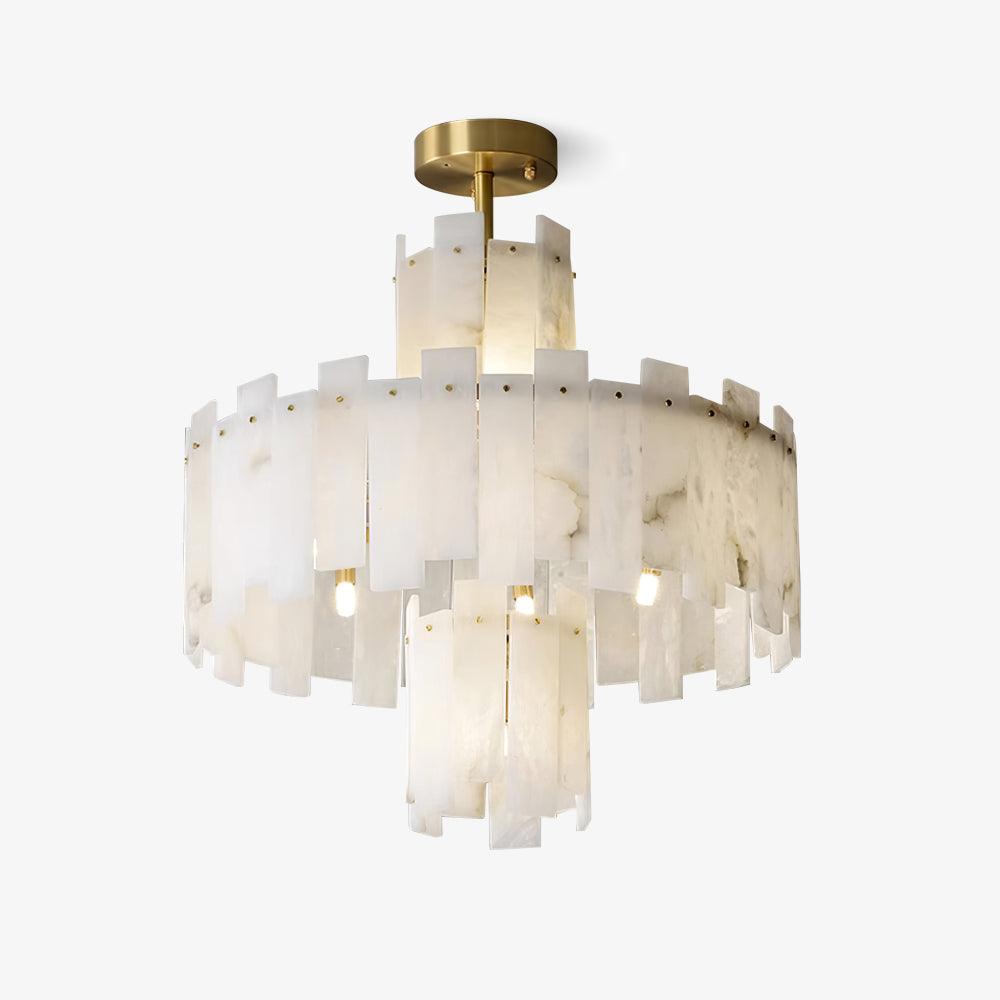 The Clérachic Regina chandelier on white, its overlapping alabaster fins lit from inside the drum.