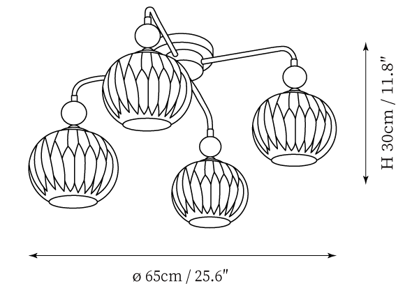 Dimension drawing of this Clérachic four-head ceiling light, with its 30 cm height and 65 cm diameter marked.