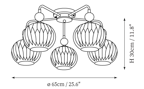 Dimension drawing of this Clérachic five-head ceiling light, with its 30 cm height and 65 cm diameter marked.
