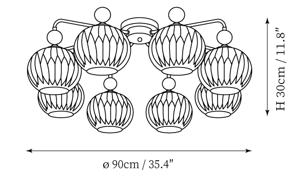 Dimension drawing of this Clérachic eight-head ceiling light, with its 30 cm height and 90 cm diameter marked.
