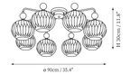 Dimension drawing of this Clérachic eight-head ceiling light, with its 30 cm height and 90 cm diameter marked.