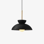 Black dome shade with a small upturned bowl above it and a brass stem, this Clérachic pendant on a plain white backdrop.