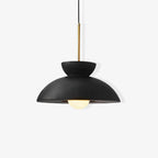 Front view of this black Clérachic pendant on a white backdrop, with the brass stem and the round bulb under the dome.