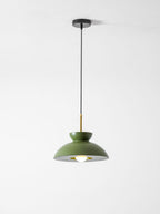Green dome pendant from Clérachic seen from slightly below, with its black ceiling plate and a brass ring inside the shade.