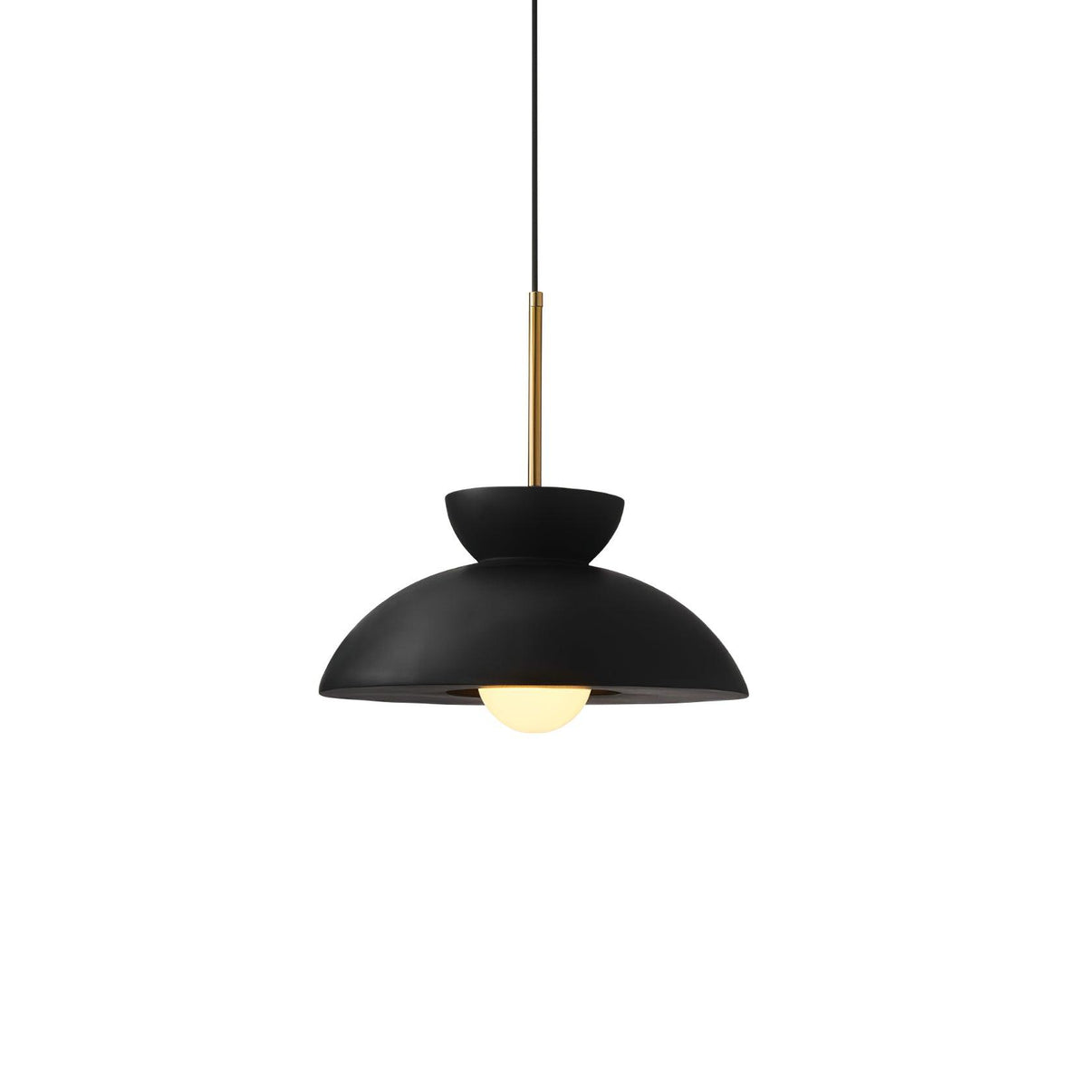 Black Clérachic pendant with a brass stem and a glowing opal bulb, shown small on a plain white backdrop.