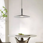 Black-stemmed grey Clérachic pendant above a round stone table with a bowl of limes, against a pale wall with a plant at the left.