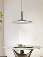 This Clérachic grey disc pendant is shown above a round stone table with a bowl of limes, in a bright room.