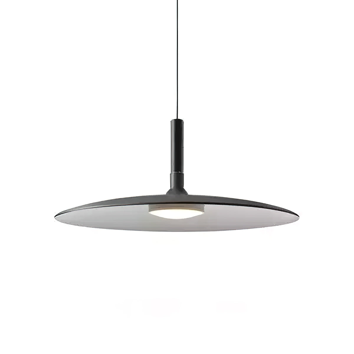 A black Clérachic disc pendant on a white background, with a pale underside and round light below.
