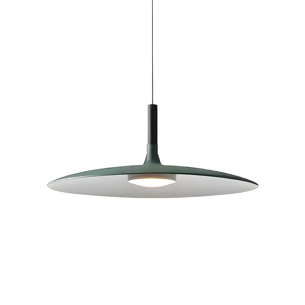 Green Clérachic disc pendant on white, with a black stem and a round light below its wide pale underside.