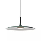 Front view of this green Clérachic disc pendant on white, with a thin cord, black stem and a soft light below.