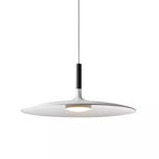 A white Clérachic disc pendant on a plain background, with a black stem and a round light in the centre of the underside.