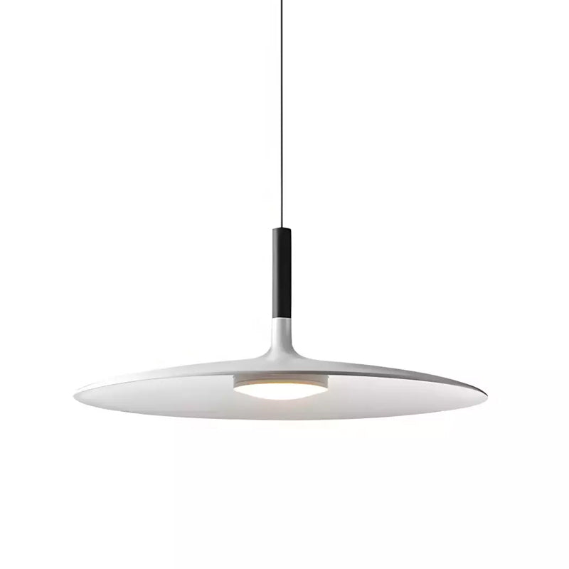 A white Clérachic disc pendant on a plain background, with a black stem and a round light in the centre of the underside.