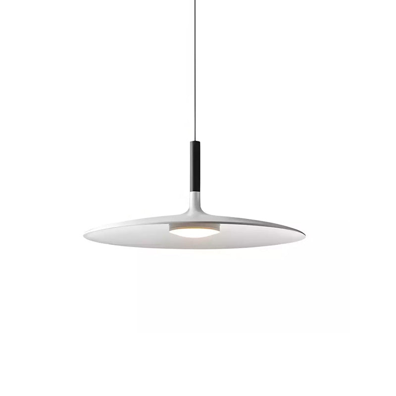 Smaller white Clérachic pendant on a white background, its shade pale on both sides with a black stem.