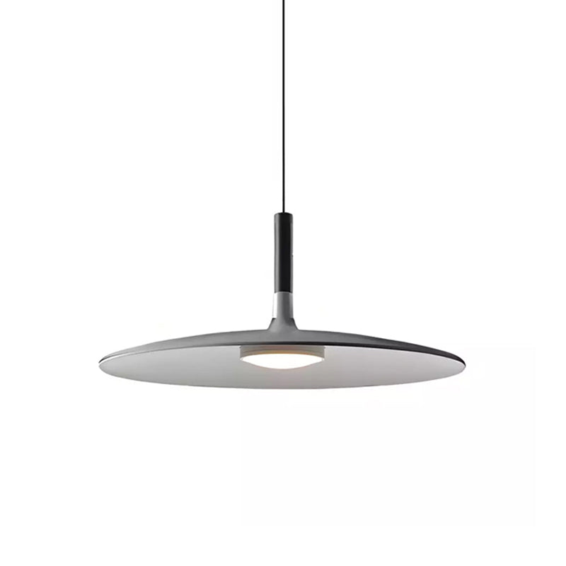 Medium grey Clérachic disc pendant on white, shown straight on with its black stem, thin cord and round diffuser.