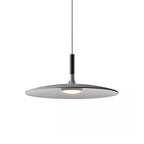 Medium grey Clérachic disc pendant on white, shown straight on with its black stem, thin cord and round diffuser.