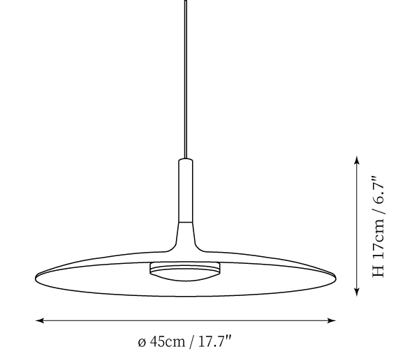 Clérachic pendant light dimension drawing, every measurement marked in centimetres and inches.
