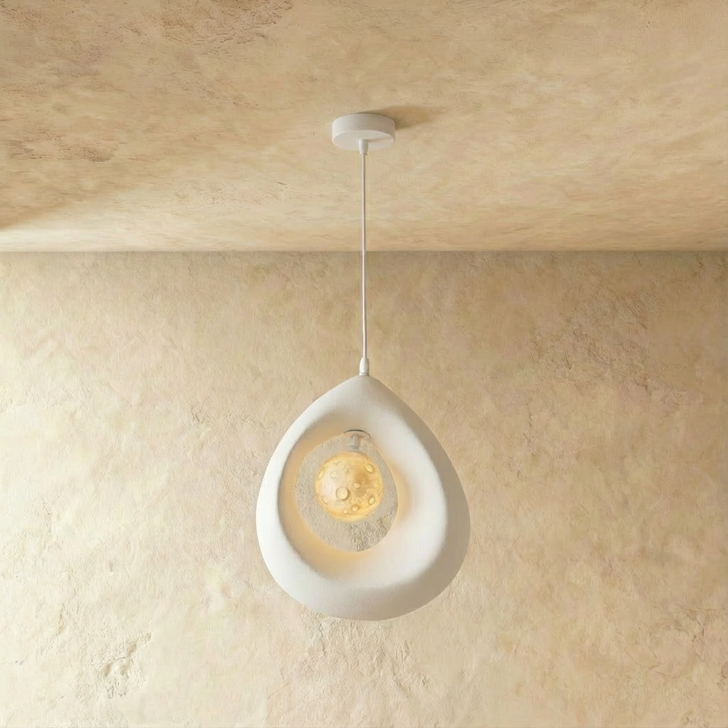 Clérachic white textured teardrop pendant with a cut-out opening and a glowing crater-textured globe, on a white cord.
